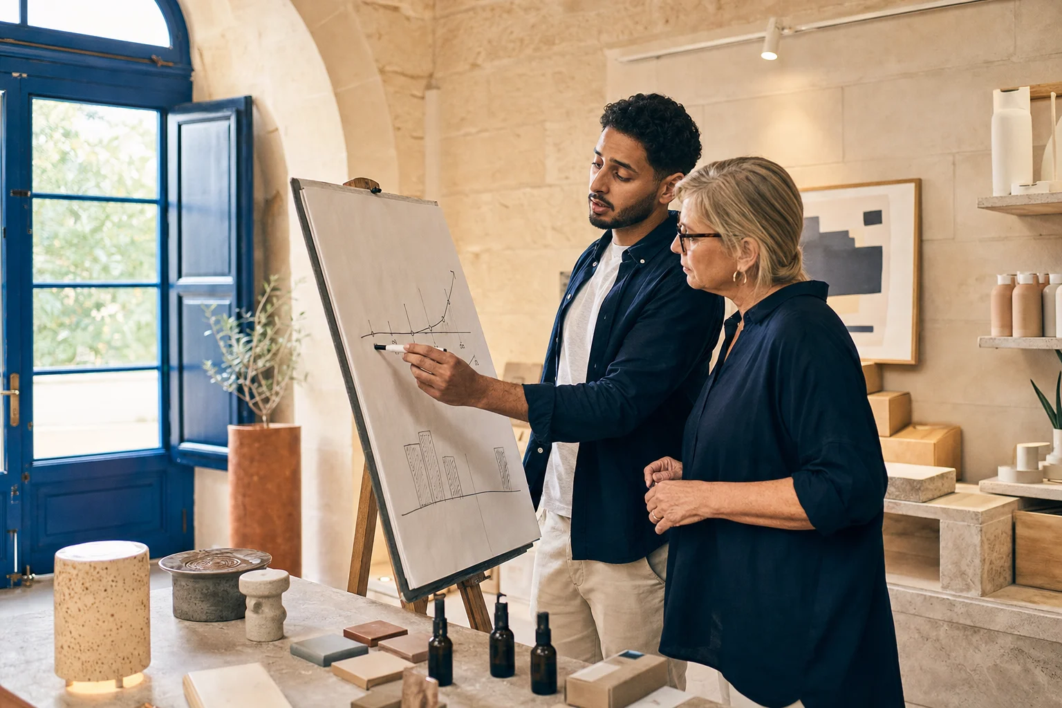 A founder and adviser shaping a delivery plan at an easel