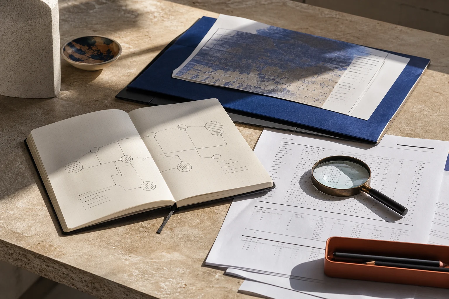 An evidence-led advisory research workspace with organised notes and schedules