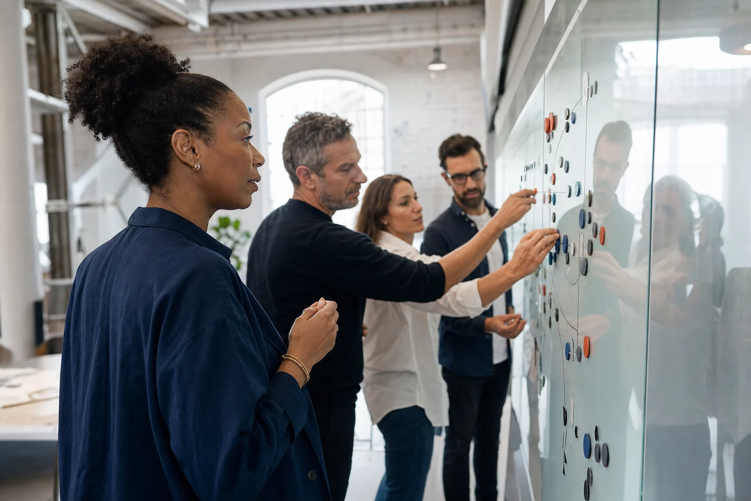 A facilitator and leadership team mapping controls on a glass wall