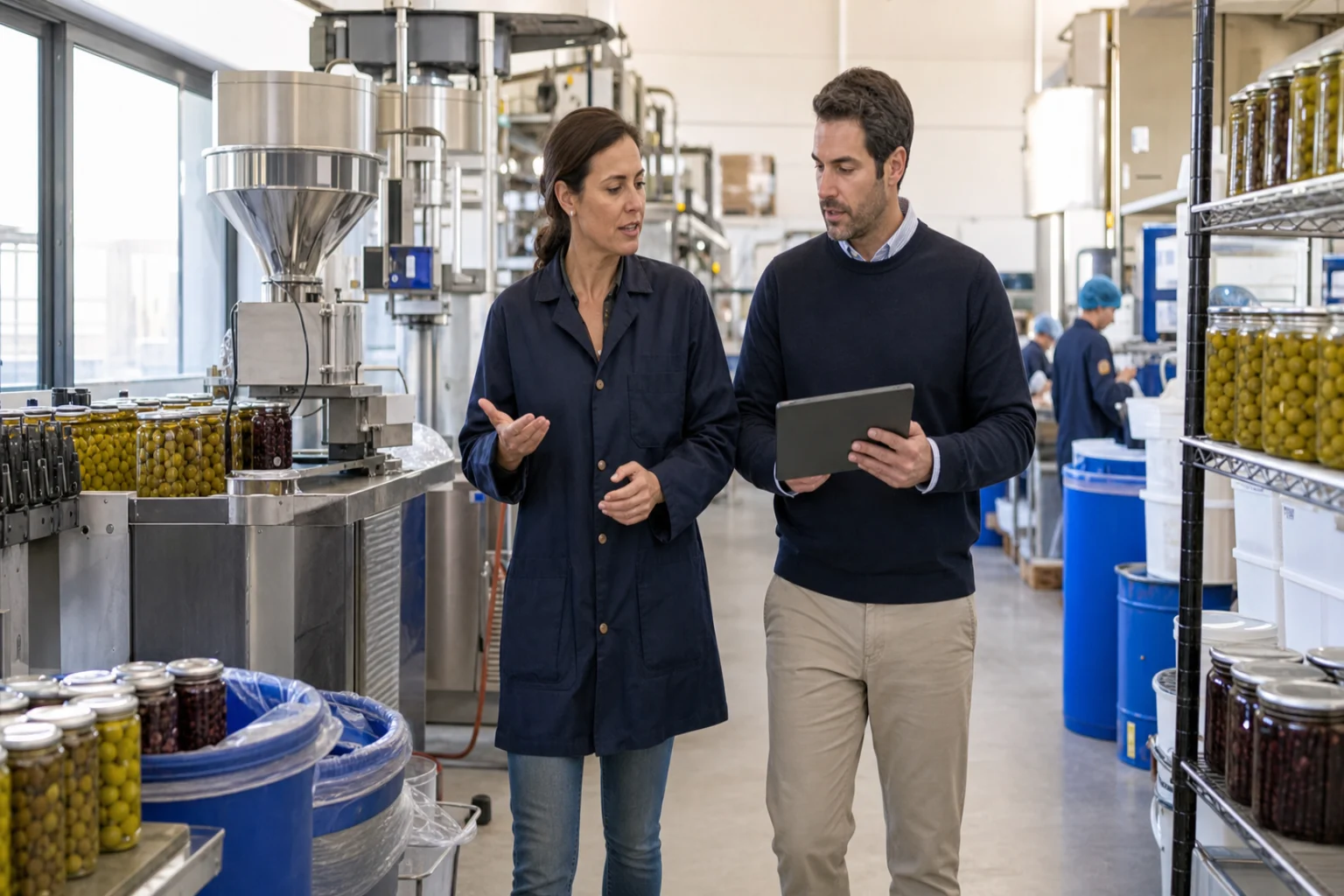 A business owner and adviser reviewing operations on a production floor