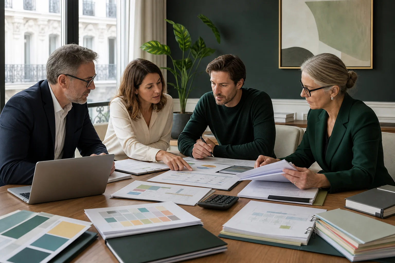 Multidisciplinary team assembling narrative, budget, compliance and evidence workstreams