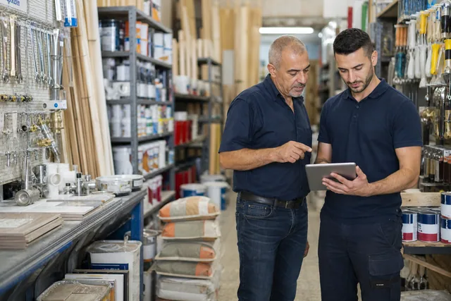 Independent shop owners reviewing product sales and inventory records