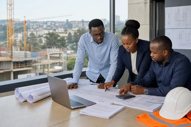 Engineering and finance professionals reviewing plans and project costs