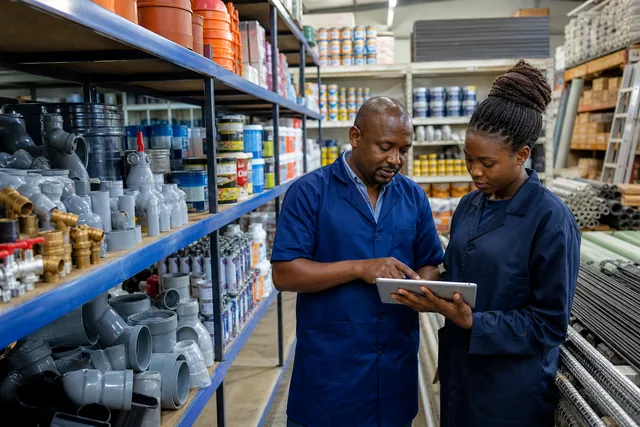 Shop owners reviewing stock and sales records in organised retail aisles