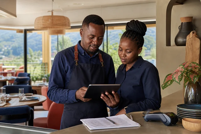 Rwandan restaurant staff reviewing sales and supplier records at a service counter